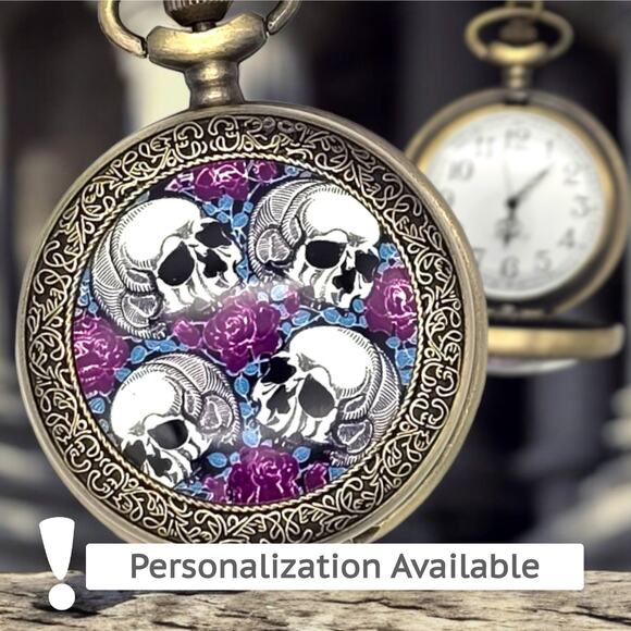 Skull & Roses Pocket Watch - Gothic Purple Floral Skeleton Charm Halloween Gift - Picture 1 of 10